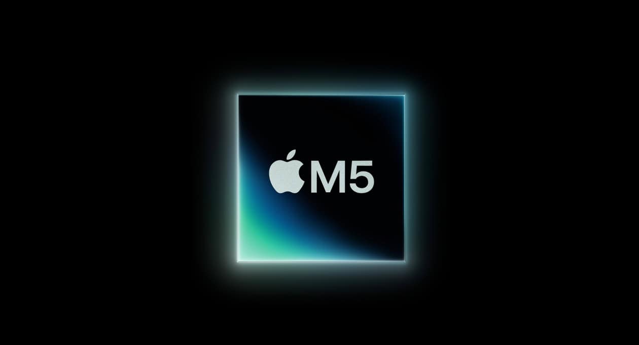 Apple M5 chip apresentado em uma imagem com efeito de luz neon brilhante, destacando tecnologia avançada e inovação em processadores.