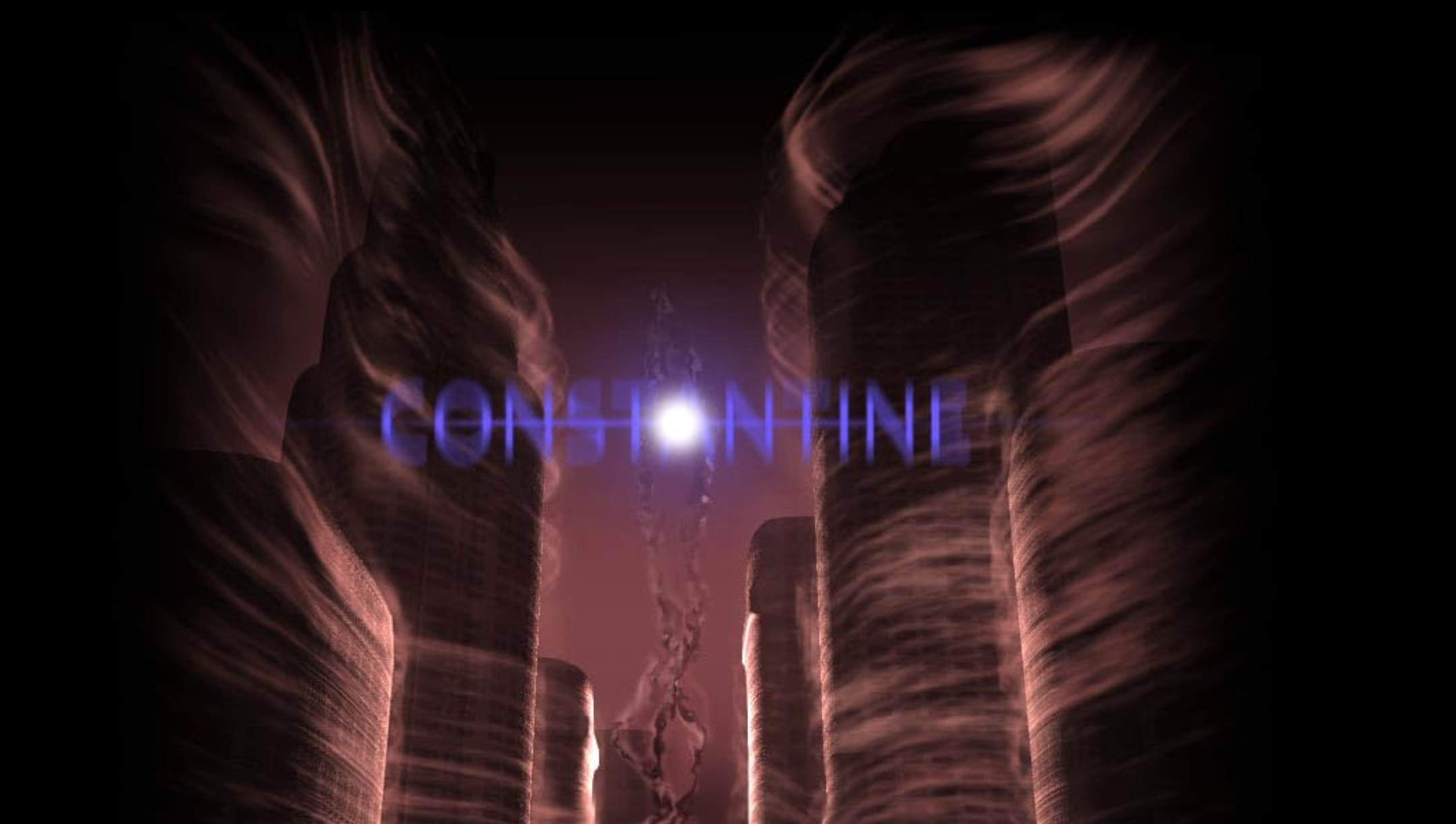 O logótipo do título do filme "CONSTANTINE" em letras roxas-azuis brilhantes, centrado e emoldurado por massivas colunas de fumo marrom-escura e fumegante, com uma figura sobrenatural nebulosa e alada sob o texto, iluminada por uma luz central intensa. A estética é gótica e sobrenatural.