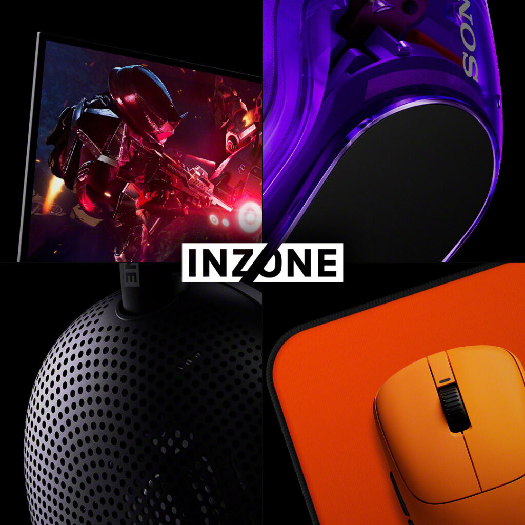 Uma colagem de quatro produtos de gaming da Sony na cor preta e roxa num fundo preto.