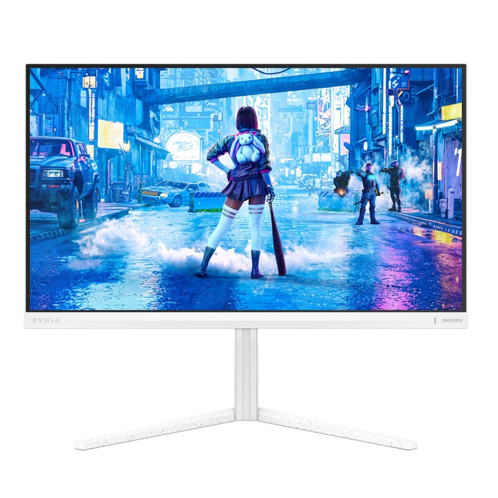 Vista frontal do monitor gaming branco Philips Evnia sobre um fundo liso. O ecrã com margens muito finas exibe uma cena de jogo cyberpunk colorida, mostrando uma personagem feminina de costas com um taco de basebol e uma mochila de coelho numa rua iluminada a néon. A base do monitor tem forma de V e apresenta um acabamento branco com textura salpicada.