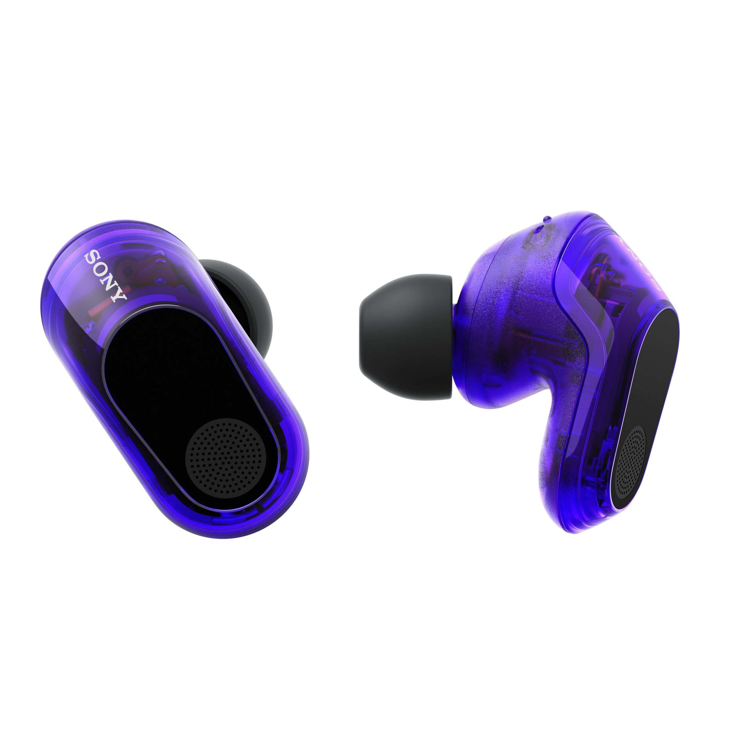 Par de auriculares de gaming Sony INZONE Buds em roxo translúcido (Glass Purple) com pontas pretas, exibindo o design interno através da carcaça, sobre fundo branco.