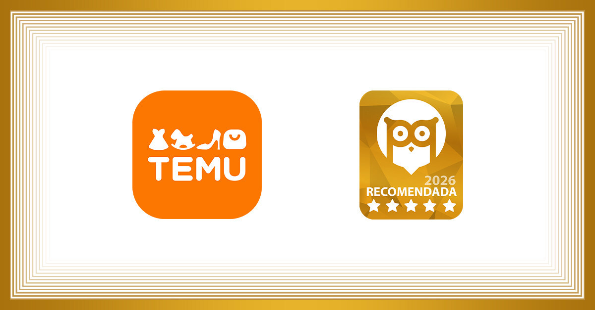 Uma imagem promocional com uma borda dourada texturizada, apresentando o ícone de aplicação laranja da marca Temu com ícones de compras brancos e o texto "TEMU" à esquerda. À direita, há um selo de prémio dourado com um ícone de coruja branca, o ano "2026", o texto "RECOMENDADA" e uma classificação de cinco estrelas douradas na parte inferior, num fundo branco.
