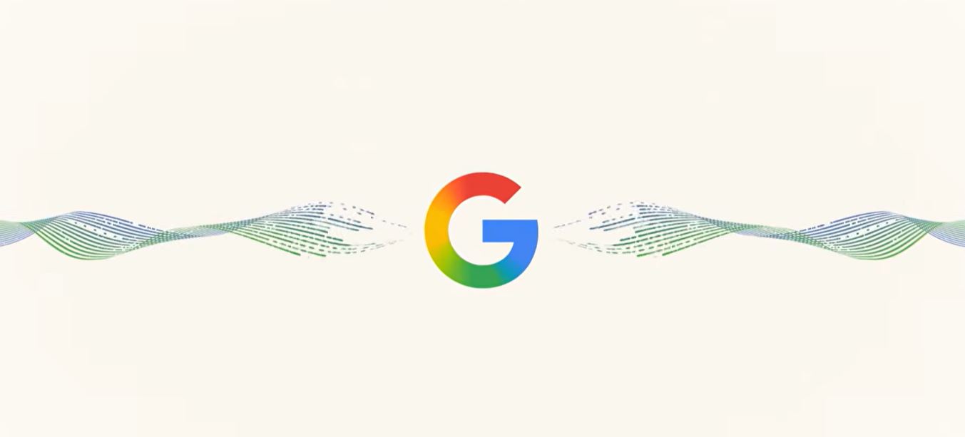 Logótipo colorido da Google centrado sobre ondas de dados abstratas em tons de azul e verde, num fundo creme minimalista.