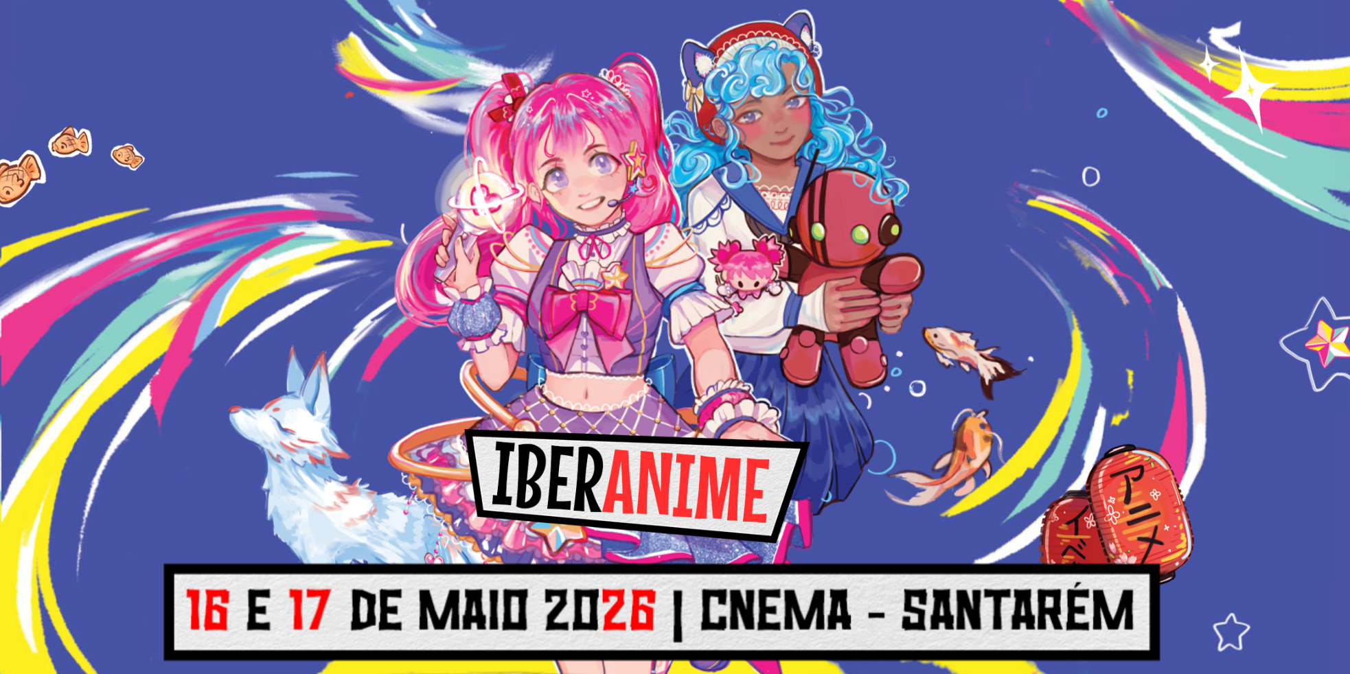 Ilustração colorida em estilo anime para o evento Iberanime Santarém 2026. Duas raparigas anime, uma de cabelo rosa e outra de azul, estão rodeadas por carpas, lanternas japonesas e uma kitsune. No fundo azul, lê-se "16 e 17 de Maio 2026 | CNEMA - Santarém"