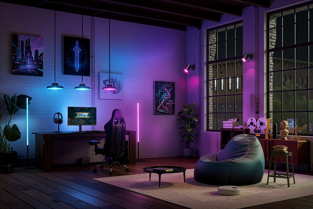 Sala de gaming moderna com iluminação inteligente AmbiScape da Philips Evnia em tons de azul e magenta. O espaço inclui uma secretária com monitor e cadeira de gaming, barras de luz LED e uma zona de lazer com pufe e decoração retro sob um teto de vigas de madeira.