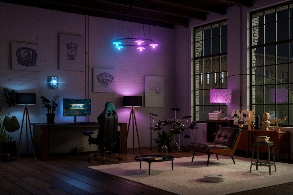 Configuração de entretenimento com tecnologia Philips Evnia AmbiScape. A imagem mostra um monitor de gaming sincronizado com candeeiros de pé, uma bateria eletrónica e uma poltrona de couro num sótão industrial com luzes azuladas e roxas.
