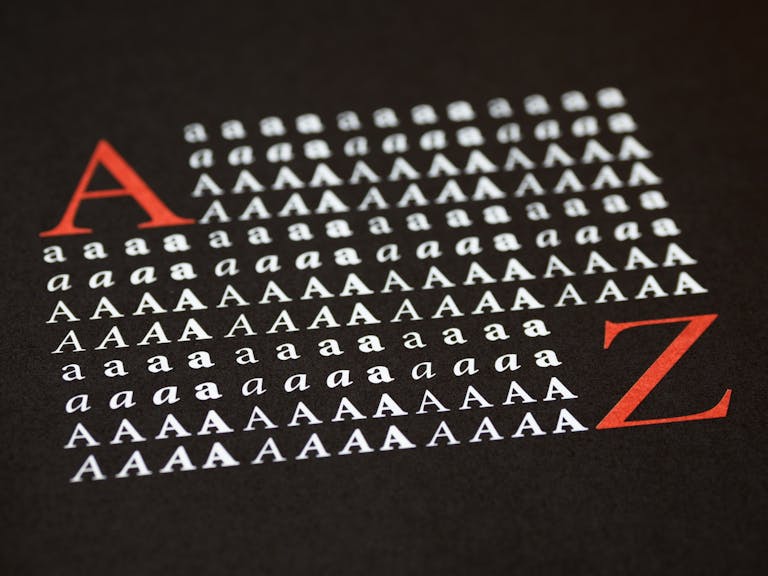 Close-up of stylized A to Z typography in a creative layout on a black background.