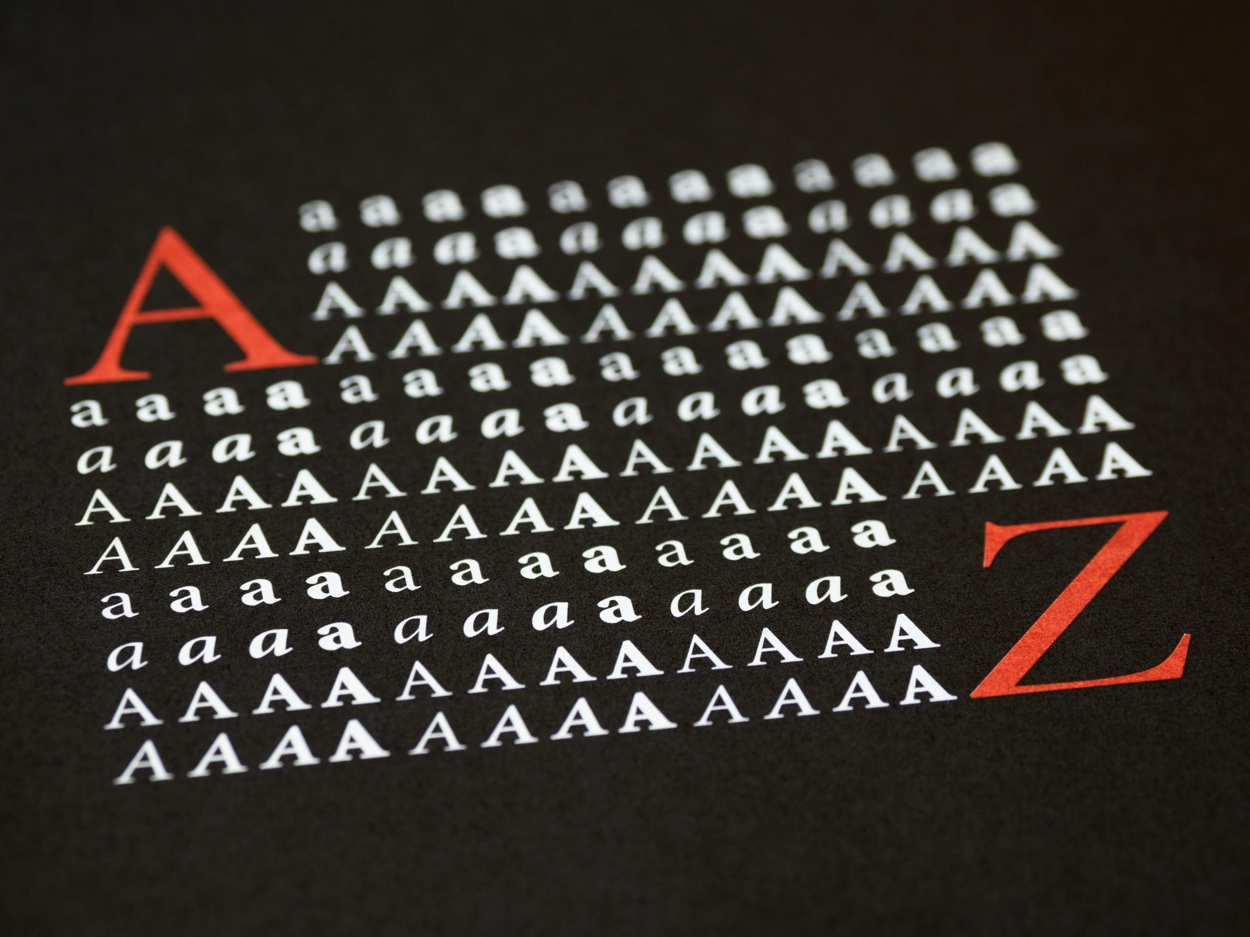Close-up of stylized A to Z typography in a creative layout on a black background.