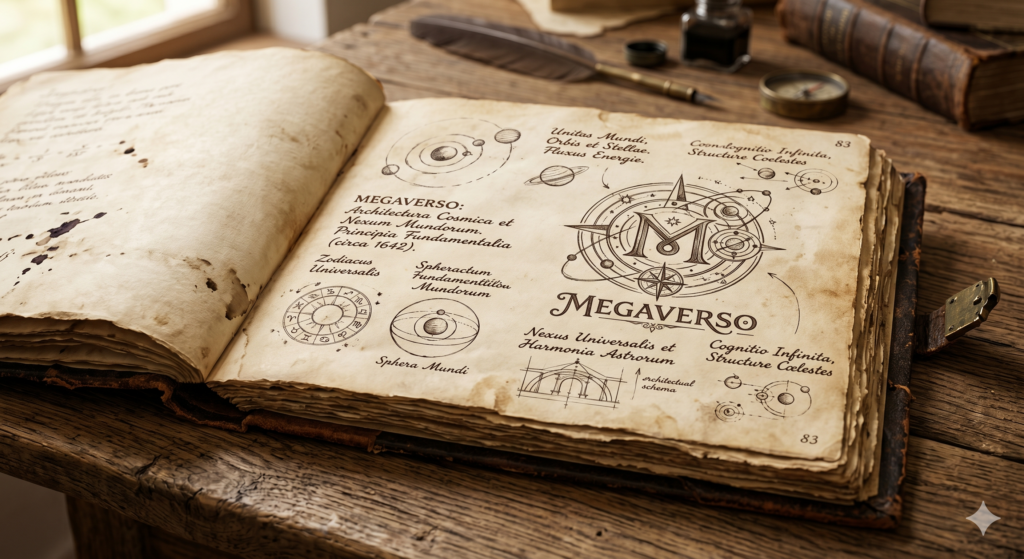 Fotografia detalhada de um antigo livro de esboços em pele, aberto numa mesa de madeira rústica, revelando a página 83 com diagramas cosmológicos e astronômicos intrincados e texto em latim. O foco é o logotipo "MEGAVERSO", uma estrela-bússola ornamentada que envolve um 'M' estilizado, cercado por anéis orbitais. O texto em latim inclui "Unitas Mundi", "Sphera Mundi", e "Cooncognitio Infinita". Há desenhos de órbitas planetárias e um zodíaco simplificado. No fundo desfocado, há tinteiros, uma caneta de pena, mais livros e uma bússola de latão. A página está amarelada e desgastada pelo tempo. A assinatura "GEMINI PROMPT" e o número "83" estão no canto inferior direito.