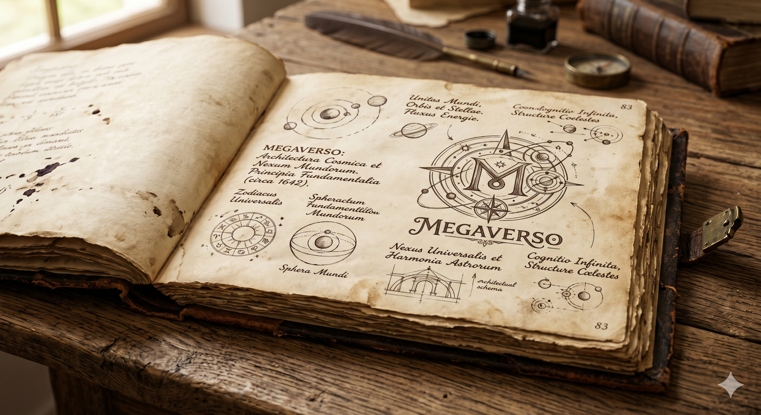 Fotografia detalhada de um antigo livro de esboços em pele, aberto numa mesa de madeira rústica, revelando a página 83 com diagramas cosmológicos e astronômicos intrincados e texto em latim. O foco é o logotipo "MEGAVERSO", uma estrela-bússola ornamentada que envolve um 'M' estilizado, cercado por anéis orbitais. O texto em latim inclui "Unitas Mundi", "Sphera Mundi", e "Cooncognitio Infinita". Há desenhos de órbitas planetárias e um zodíaco simplificado. No fundo desfocado, há tinteiros, uma caneta de pena, mais livros e uma bússola de latão. A página está amarelada e desgastada pelo tempo. A assinatura "GEMINI PROMPT" e o número "83" estão no canto inferior direito.