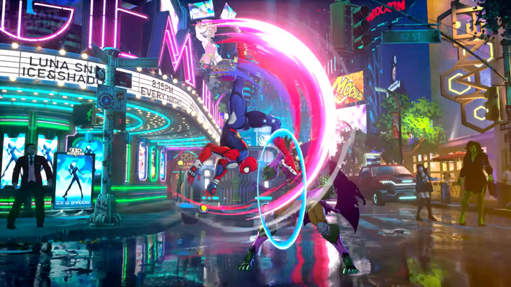 O Homem-Aranha a executar um pontapé acrobático com efeitos visuais cor-de-rosa e azuis contra um adversário num jogo de luta, tendo como fundo uma rua urbana à noite intensamente iluminada por letreiros de néon.