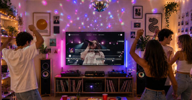Quatro jovens a dançar numa sala de estar com luzes de festa, enquanto assistem a um concerto de Olivia Rodrigo na aplicação Spotify através de uma grande Smart TV, rodeada por colunas de som, gira-discos e discos de vinil.
