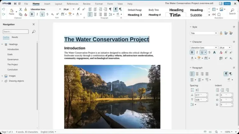 Captura de ecrã da interface do processador de texto "office.eu" a exibir um documento de visão geral do "Water Conservation Project". O documento tem um título principal centrado e selecionado, uma secção de "Introduction", texto e uma imagem de paisagem de montanhas com uma cascata e lago. As barras de ferramentas, o painel de navegação à esquerda e o painel de formatação à direita estão visíveis, com o ficheiro "The Water Conservation Project overview.odt" aberto.