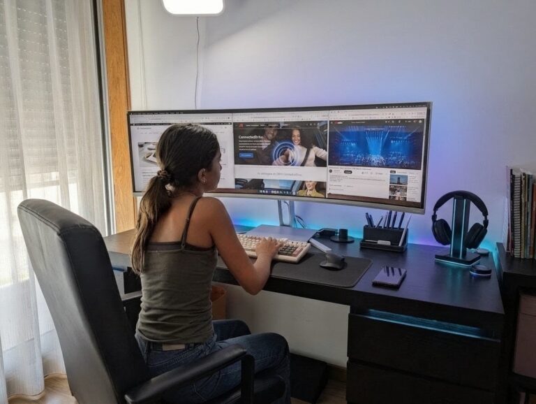 Rapariga jovem sentada à secretária a utilizar um computador com um ecrã curvo ultra-panorâmico, num espaço com iluminação LED ambiente.