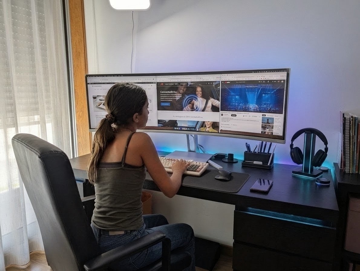 Rapariga jovem sentada à secretária a utilizar um computador com um ecrã curvo ultra-panorâmico, num espaço com iluminação LED ambiente.